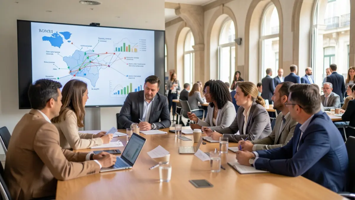 Generic image of a modern meeting room with professionals discussing regional development graphics.