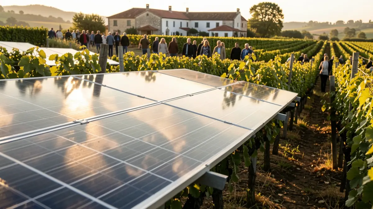 Generic image of photovoltaic panels installed over grapevines in a field, with sunlight filtering through. Documentary photography style.