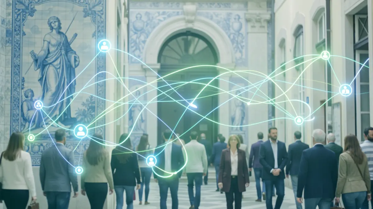 Imagem genérica de linhas de dados digitais a conectar pontos, com um padrão subtil de azulejos portugueses ao fundo.