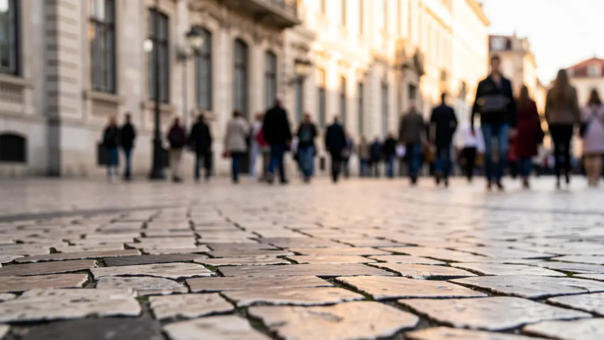 Imagem genérica de um pavimento em calçada portuguesa com um edifício universitário desfocado ao fundo, à luz da tarde.