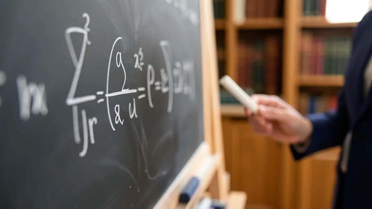 Imagen de una pizarra con ecuaciones matemáticas y libros académicos.