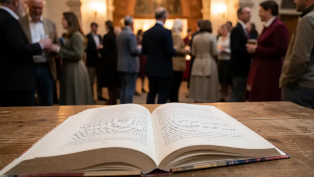 Generic image of an open book with poetry text, on a wooden table, with blurred people in the background at a cultural event.
