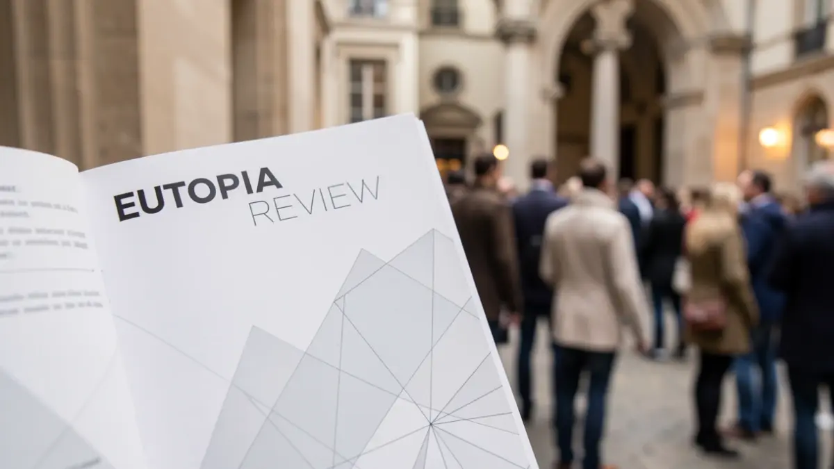 Imagen de una revista académica abierta con el título 'EUTOPIA REVIEW' destacado, con sutiles elementos arquitectónicos europeos al fondo.