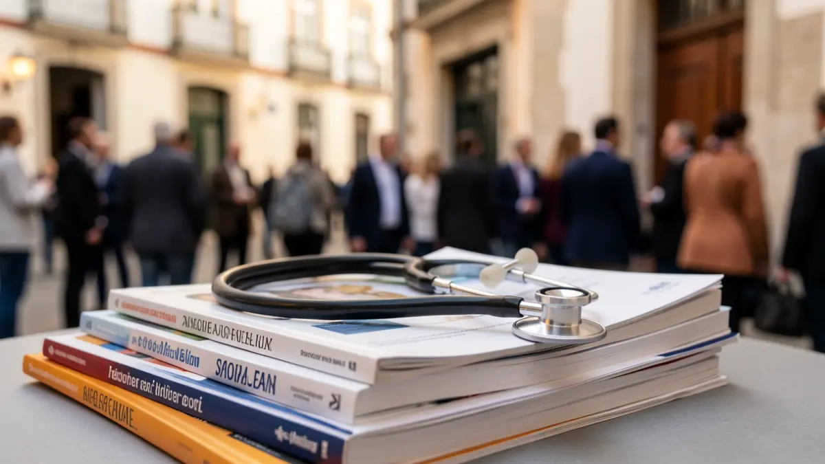 Imagem genérica de um estetoscópio sobre livros de medicina, com elementos arquitetónicos portugueses desfocados ao fundo.