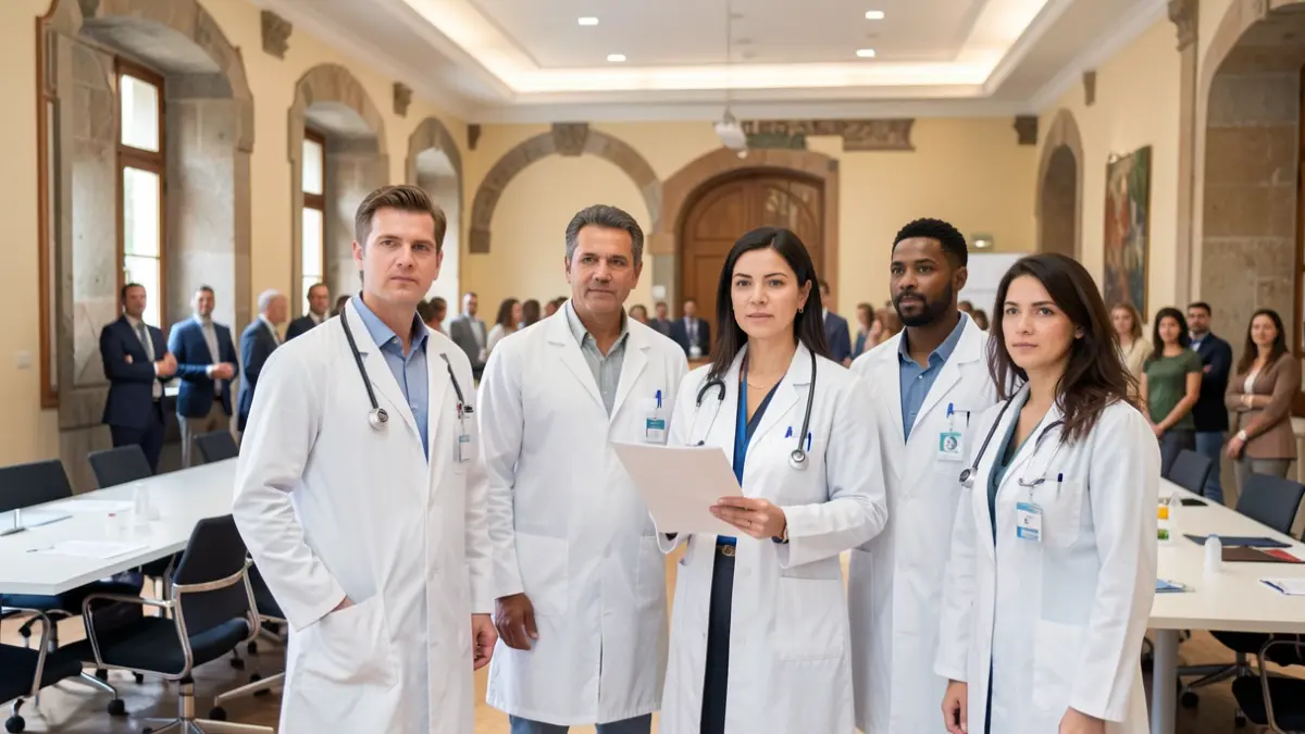 Generic image of a group of healthcare professionals gathered in a conference room, holding a document. Professional ambient lighting.