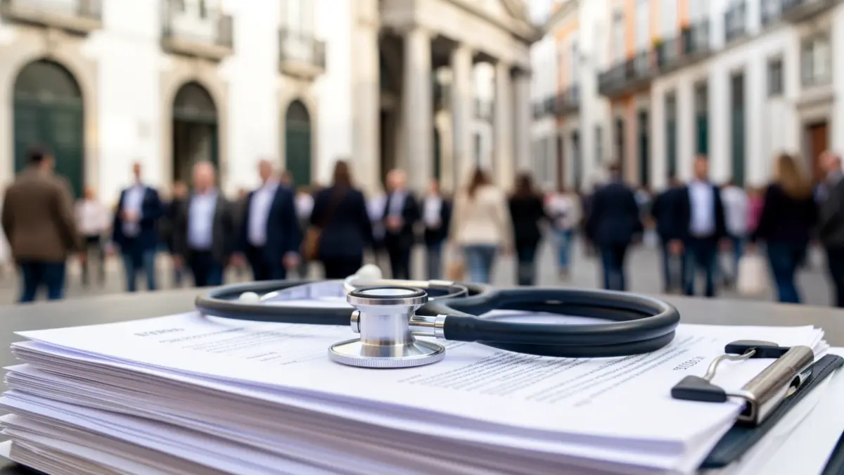 Imagem genérica de um estetoscópio sobre documentos oficiais, com elementos arquitetónicos portugueses desfocados ao fundo.