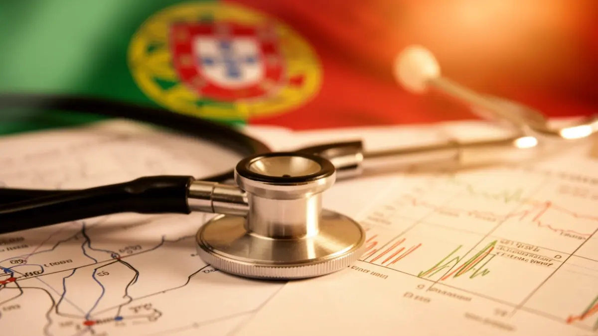 Generic image of a stethoscope on blurred medical documents, with a subtle Portuguese flag in the background.