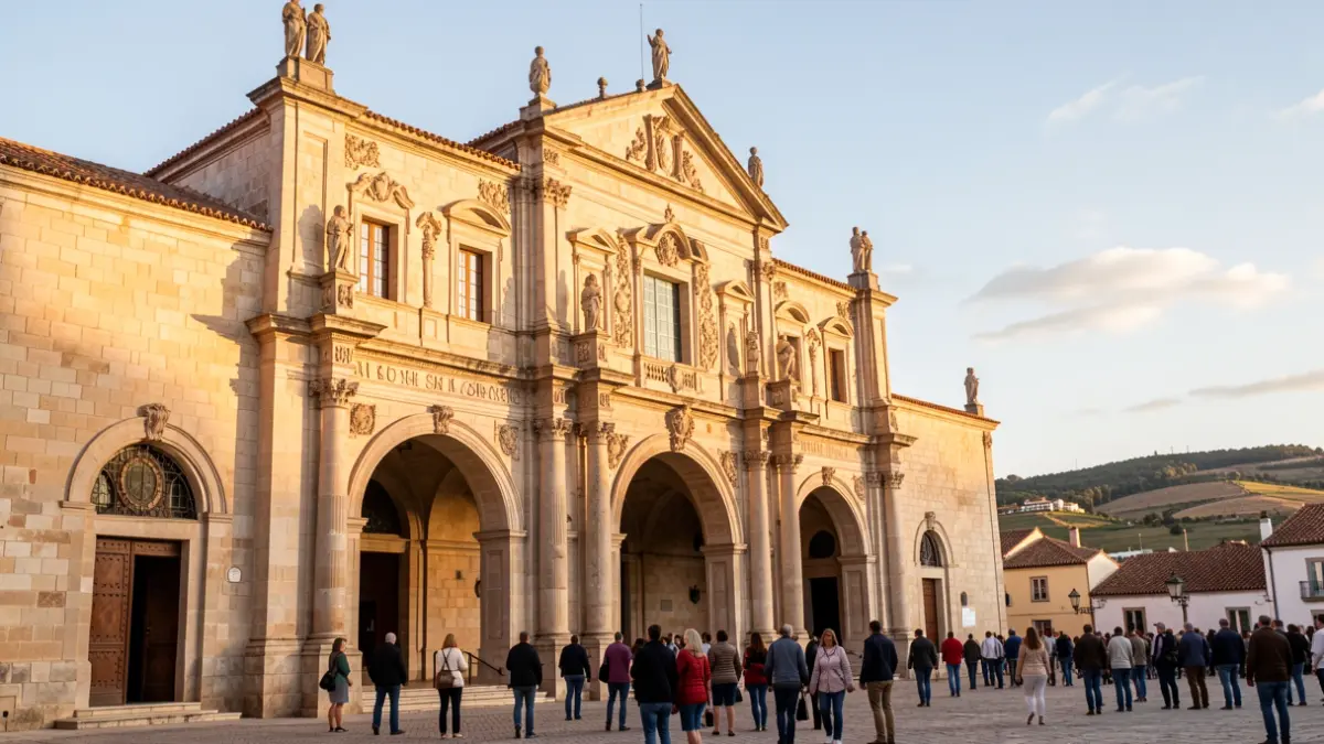 Facade of the São Bento de Cástris Monastery in Évora, Portugal, in late afternoon sunlight.