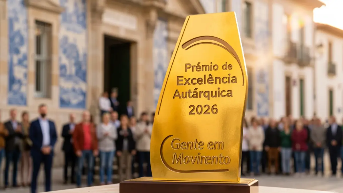 Award for municipal excellence featuring the 'Gente em Movimento' program emblem in front of a Portuguese building facade.