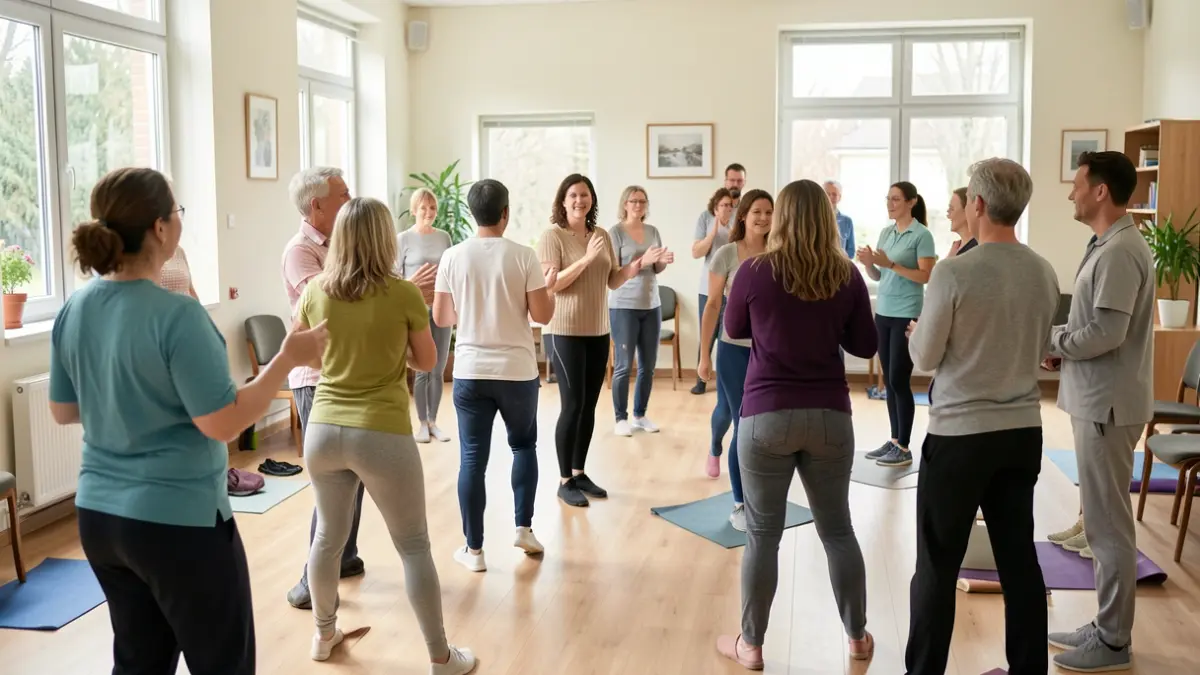 Generic image of a group of adults participating in physical exercise in a community center, with professional supervision.