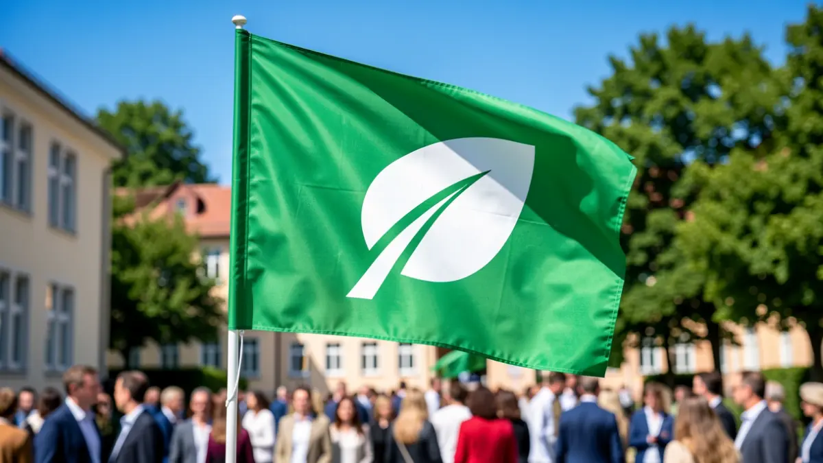 Imagen genérica de una bandera verde con un símbolo de hoja, frente a edificios escolares.