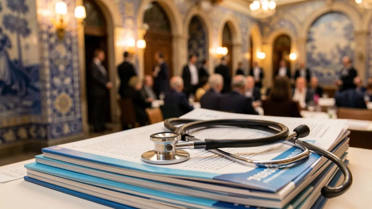 Image of a stethoscope on medical publications, with blurred Portuguese architectural elements in the background.