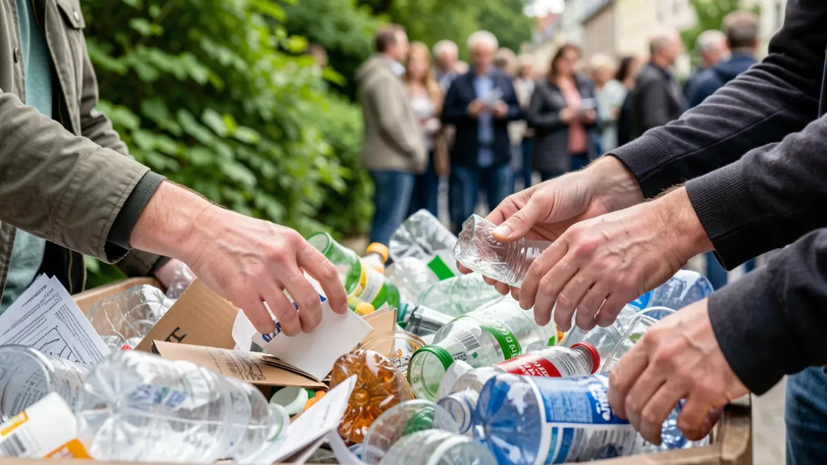 Generic image of hands sorting recyclable materials like paper, plastic, and glass, with a blurred green background.