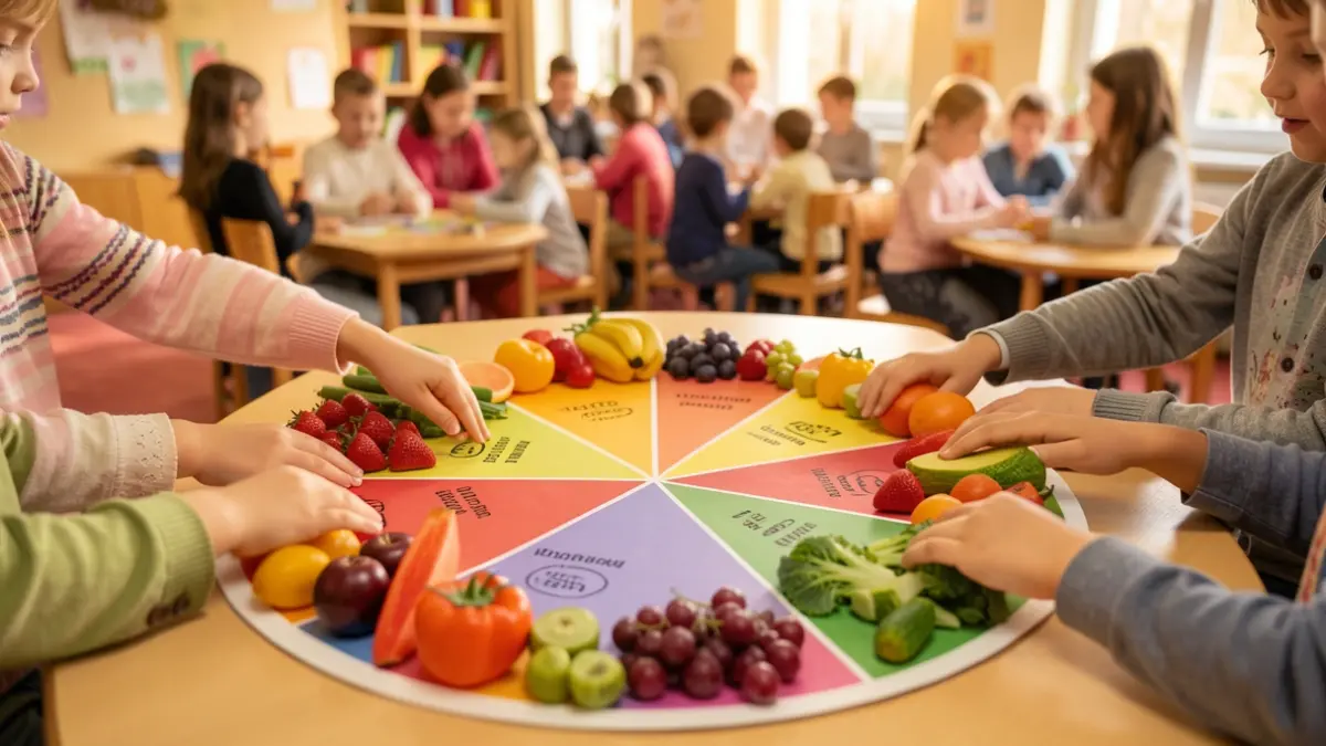 Imagen genérica de manos de niños alcanzando frutas y verduras coloridas en un diagrama alimentario, con fondo desenfocado de aula.
