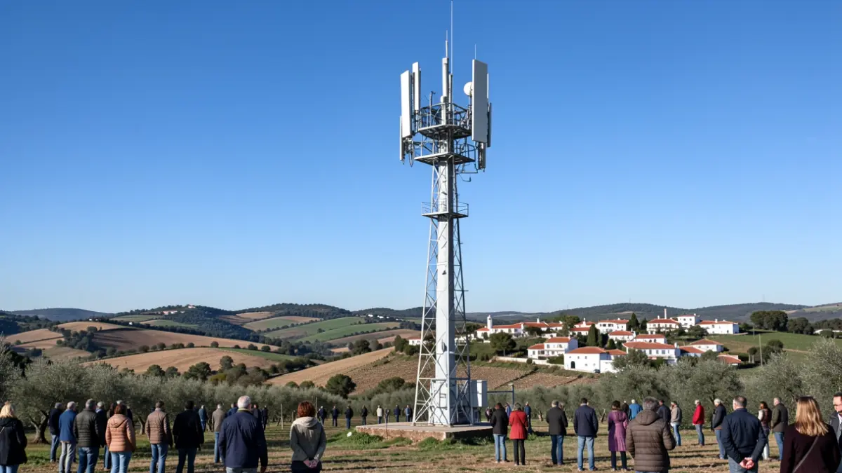 Torre de rede 5G numa paisagem rural portuguesa com colinas e uma aldeia.