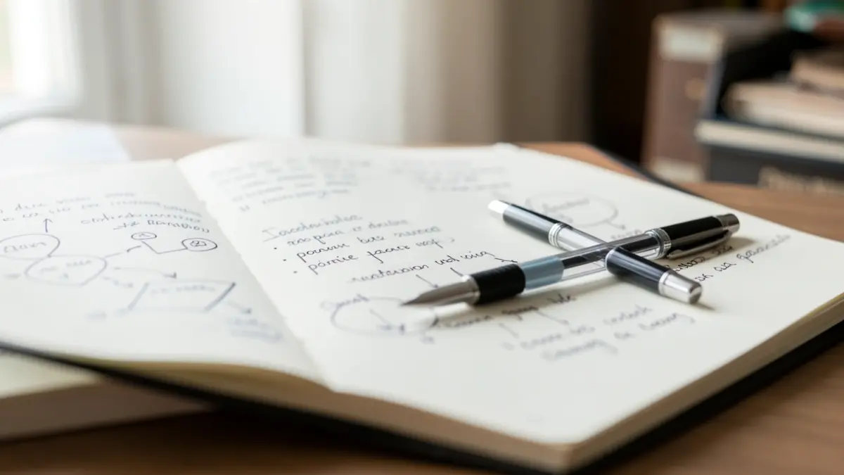 Generic image of a medical notebook with a pen resting on it, open to a page with notes and diagrams about youth health.