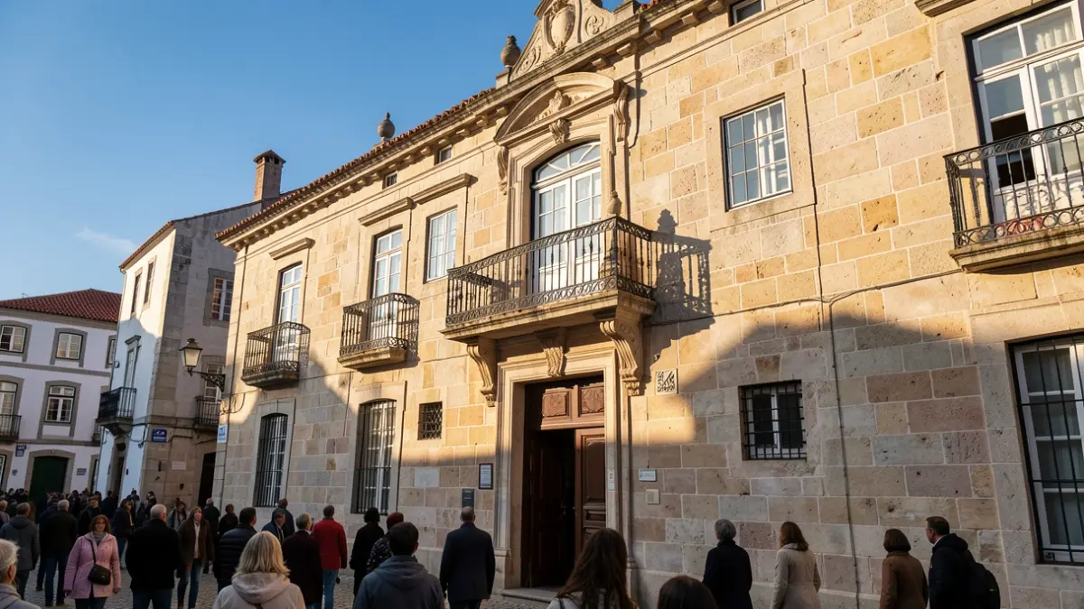 Generic image of a stone municipal building facade with an ornate balcony, under afternoon sunlight, in Portugal.