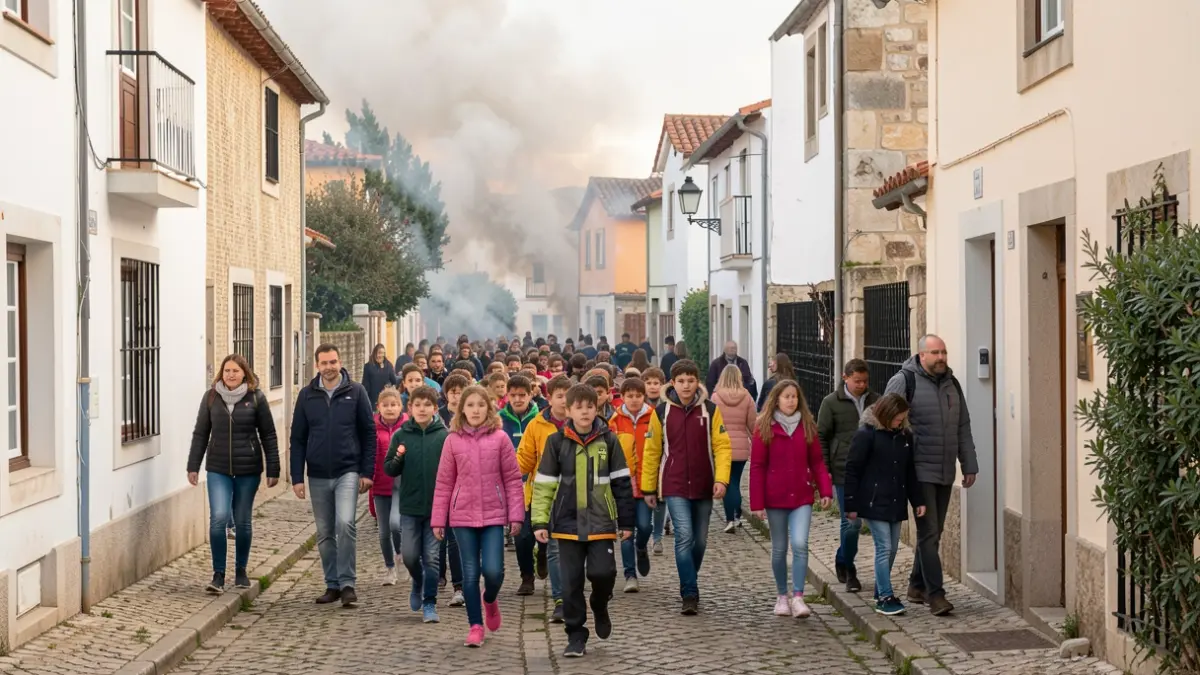 Generic image of a fire prevention awareness event and drill in a residential neighborhood, with children and adults participating.