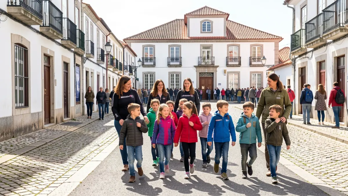 Generic image of children walking in a group accompanied by volunteers on a Portuguese street.