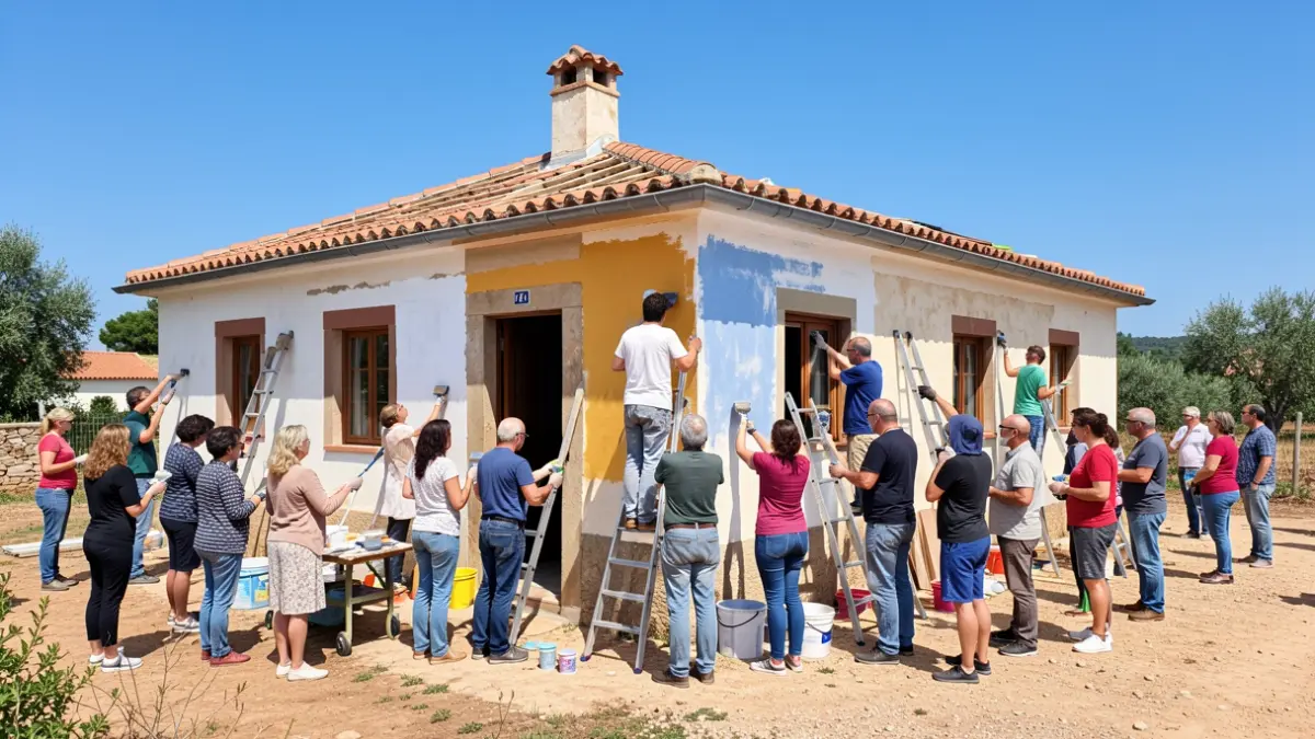 Generic image of volunteers renovating a house in Portugal, focusing on collaborative effort and visible improvements.