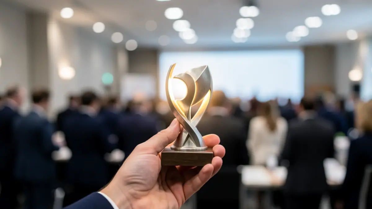 Imagem de um troféu estilizado em close-up, representando um prémio de excelência.