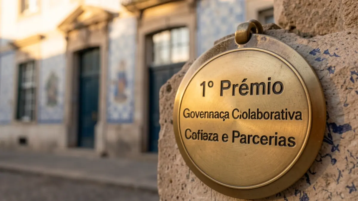 Image of an award medal with Portuguese architectural details in the background.