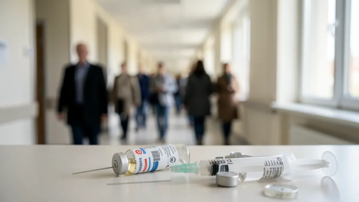 Imagem genérica de uma seringa médica e um frasco com fundo desfocado de um corredor de hospital, luz natural suave.