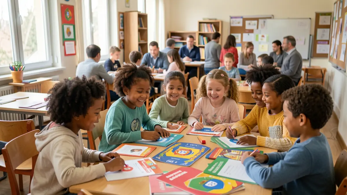 Imagem genérica de crianças de diversas etnias a participar numa atividade lúdica de aprendizagem da língua portuguesa numa sala de aula, com materiais educativos coloridos e rostos sorridentes, luz natural suave.