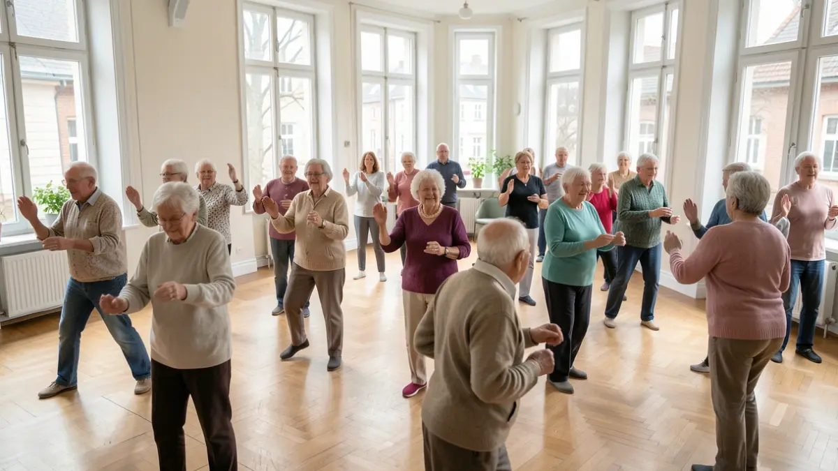 Generic image of elderly people practicing group physical exercise, with an instructor.