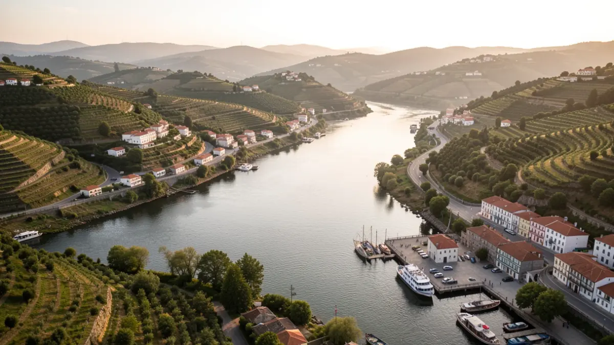 Generic image of a river with a small river port and hills in the background, under late afternoon light.