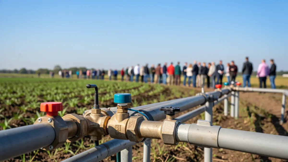 Imagem genérica de equipamento de irrigação em campo agrícola.