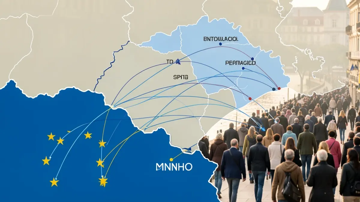 Stylized map of the border region between Portugal and Spain at the mouth of the Minho River, with connecting lines.