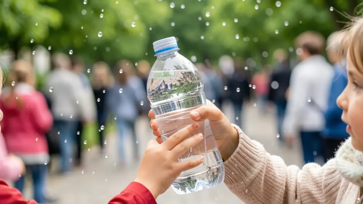 Imagen genérica de manos de niños sujetando una botella de agua reutilizable, con hojas verdes borrosas y gotas de agua al fondo.