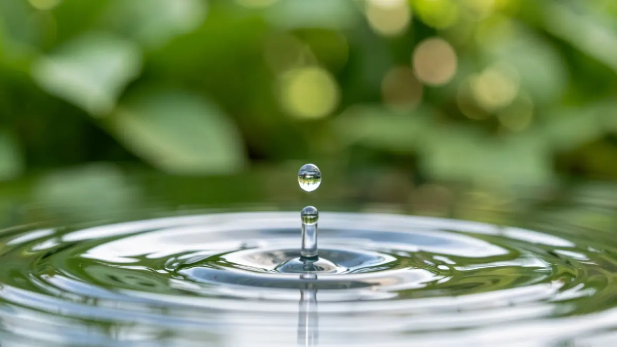 Generic image of a water droplet falling into clear water, creating ripples, with blurred green foliage in the background.