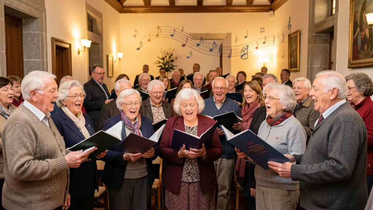 Imagem genérica de um grupo de idosos a cantar num coro em Portugal, com iluminação acolhedora e notas musicais subtis ao fundo.