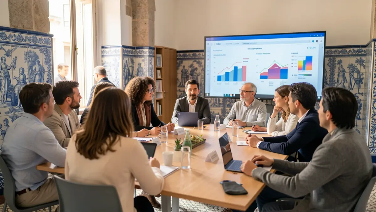 Generic image of a modern meeting room with participants analyzing project progress charts.