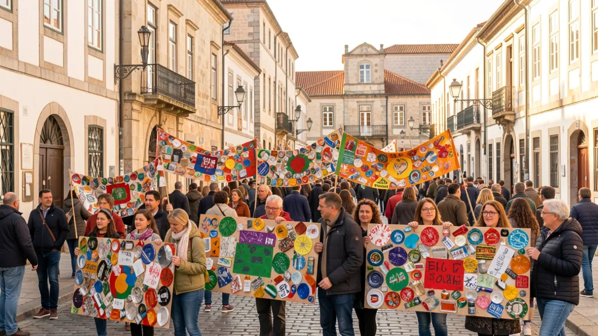Imagen genérica de una calle histórica con personas participando en una iniciativa comunitaria, mostrando arte y pancartas.