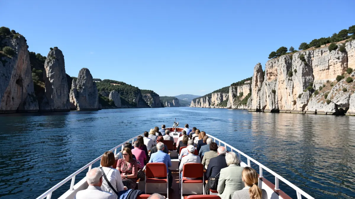 Generic image of a boat trip on a river with rock formations on the banks.