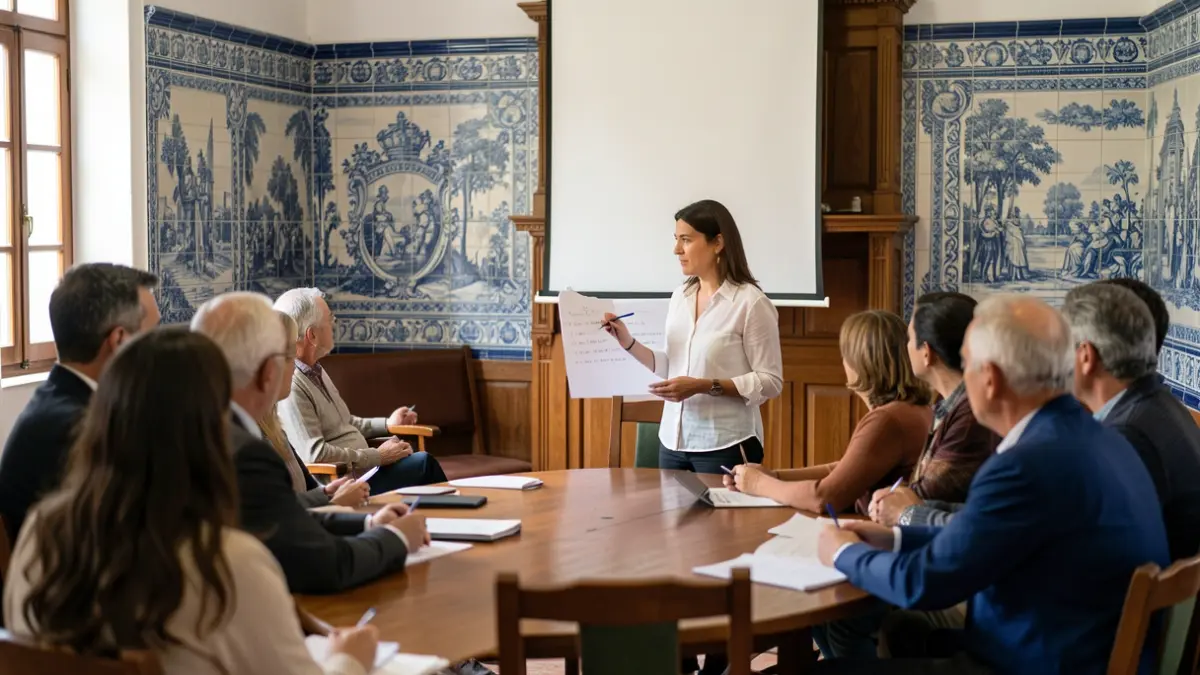 Generic image of a community meeting in a Portuguese town hall room, with architectural details.