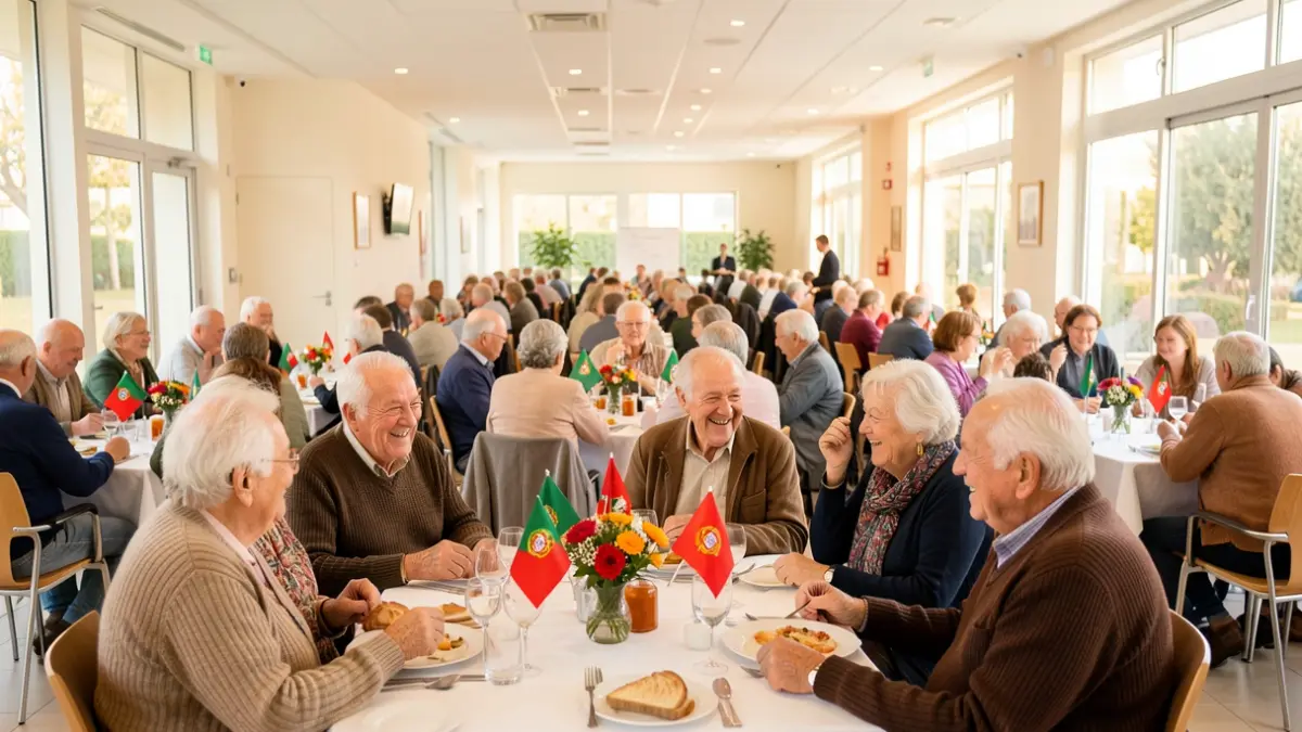 Imagem genérica de um almoço convívio sénior num pavilhão multiusos em Portugal, com participantes a interagir alegremente.