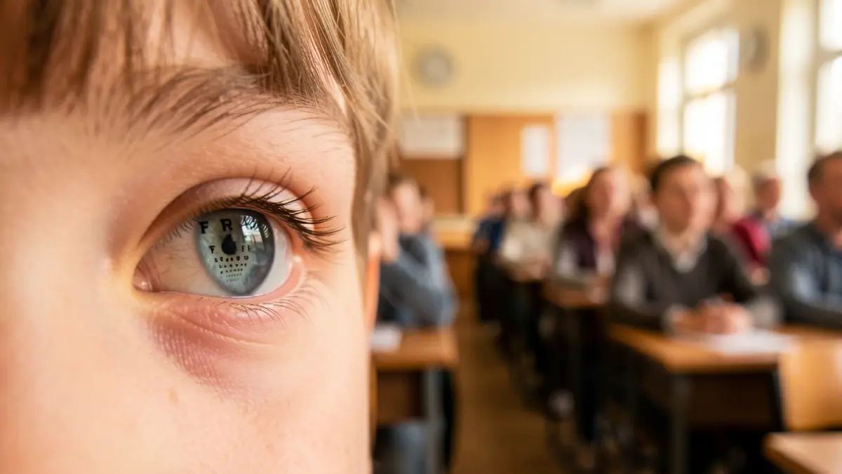 Imagem de um olho infantil com reflexo de um gráfico de optometria, em ambiente escolar.