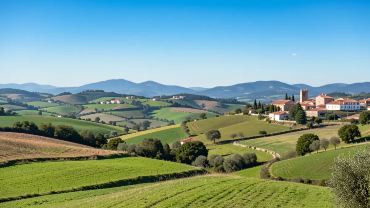 Imagen genérica de un paisaje transfronterizo con colinas verdes y arquitectura tradicional a lo lejos.