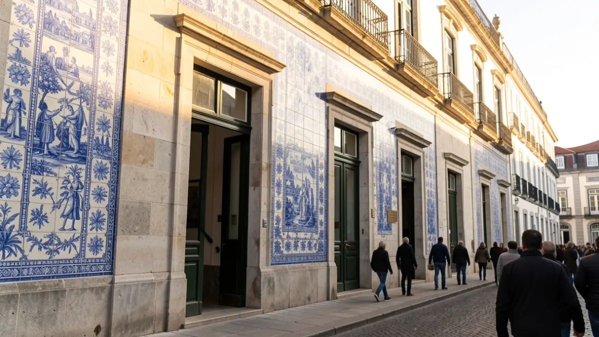 Facade of a Portuguese museum with traditional azulejo tiles and stone architecture, in the afternoon sunlight.
