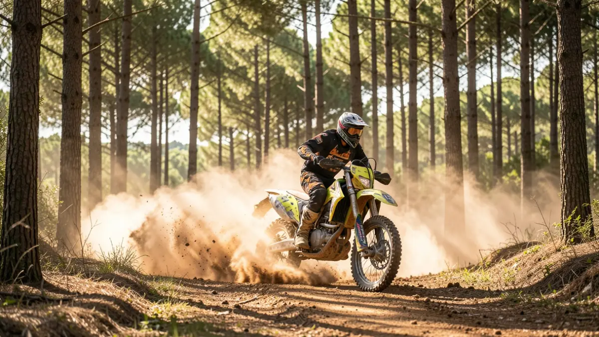 Imagen genérica de una prueba de todoterreno en Portugal, con motos levantando polvo en un bosque.