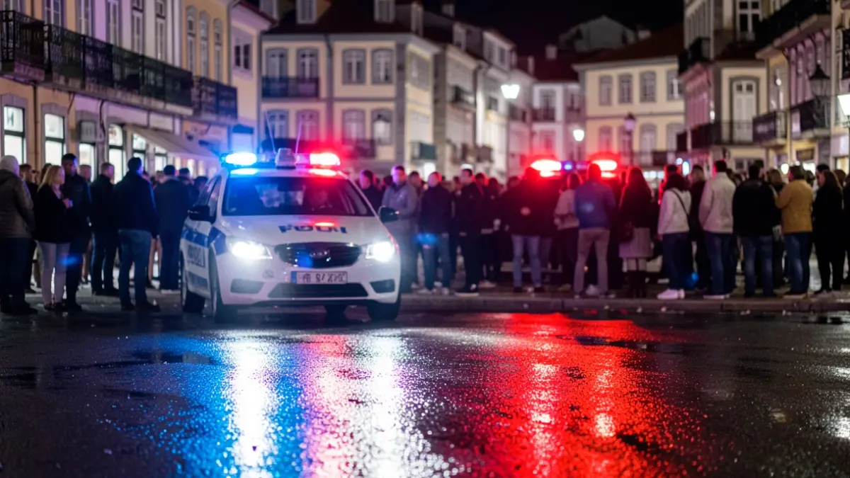 Generic image of blue and red police lights reflecting on wet asphalt at night, with a blurred crowd and buildings in the background.