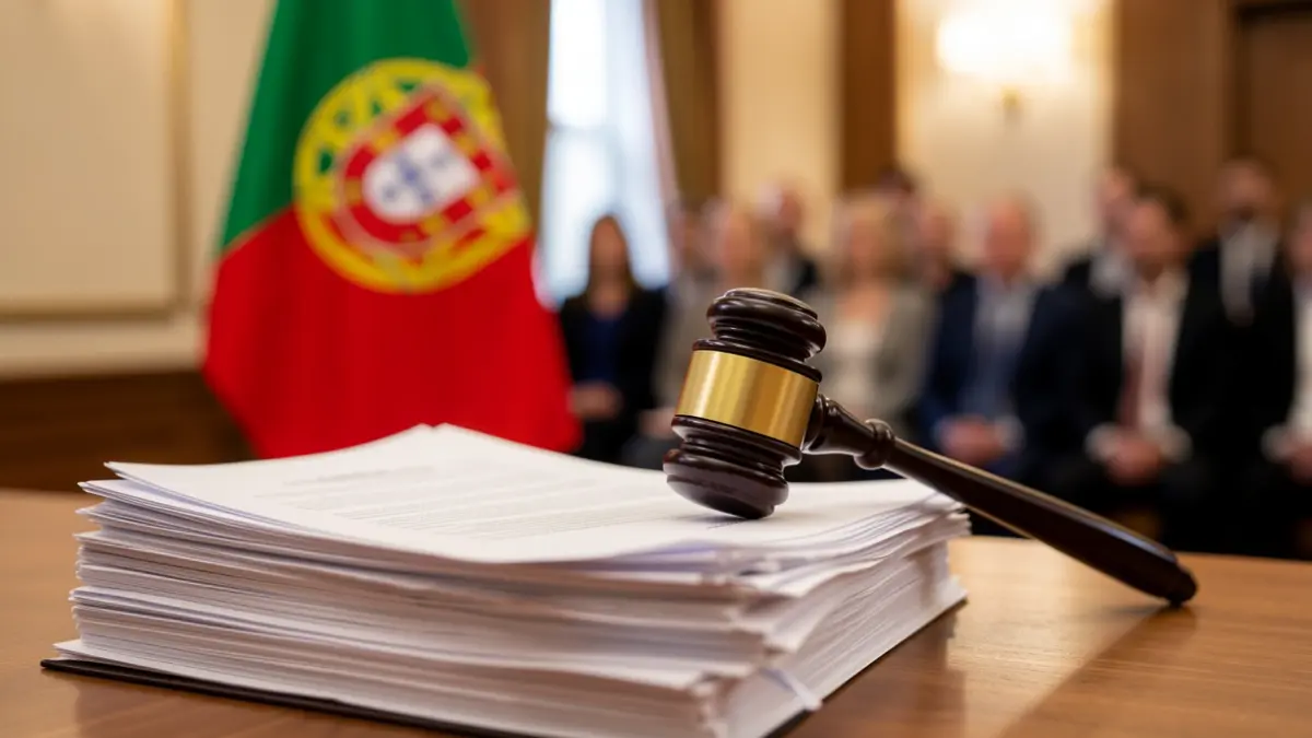 Imagem genérica de um martelo de juiz sobre documentos legais, com uma bandeira portuguesa desfocada ao fundo.