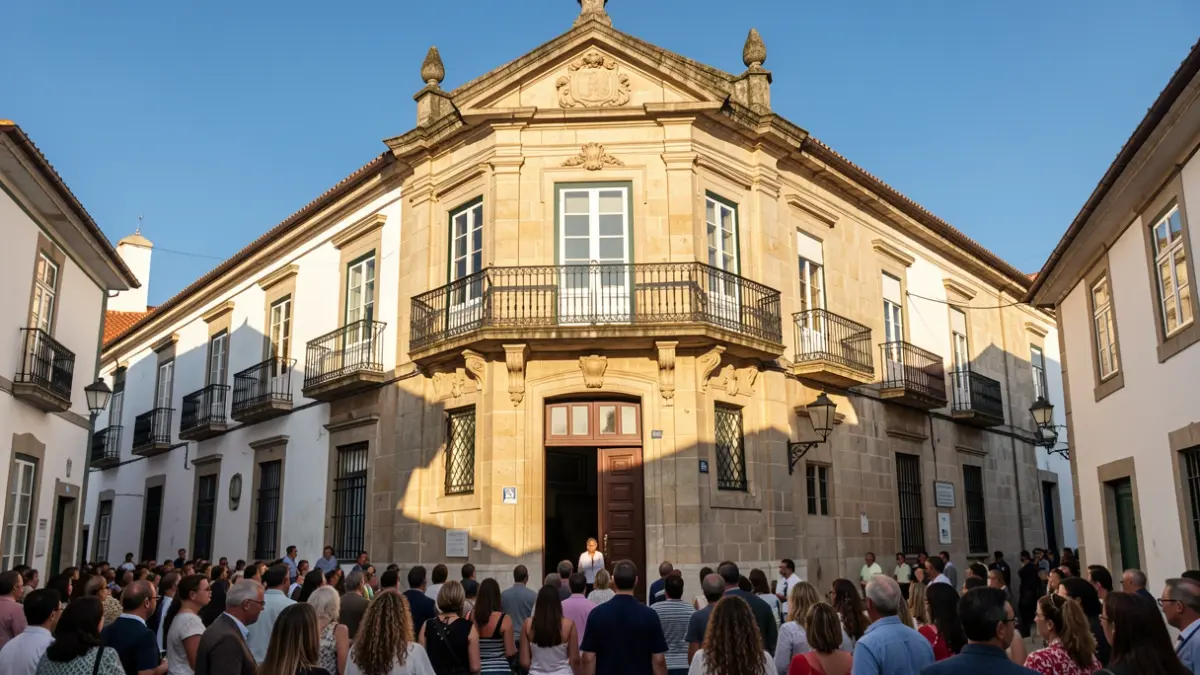 Facade of a municipal building in Nisa, Portugal, with traditional architectural details and sunlight.