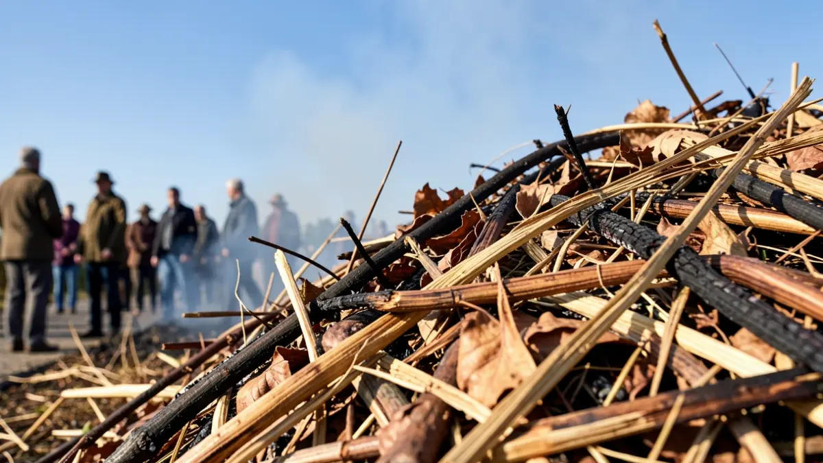 Generic image of a pile of dry agricultural or forest debris, with a subtle hint of smoke rising against a clear blue sky. Focus on the texture of the wood and leaves.