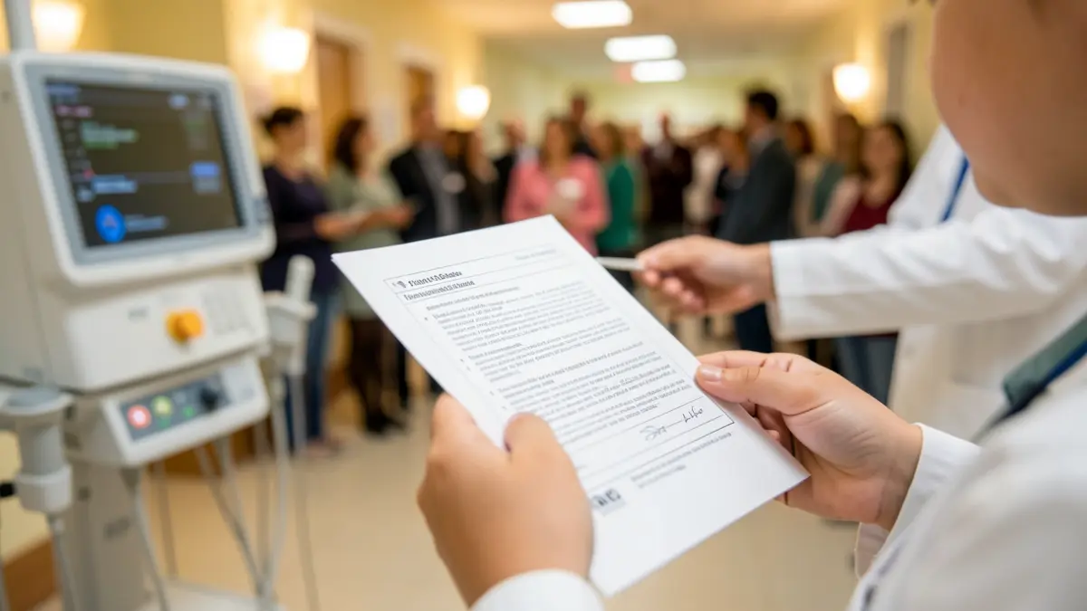 Generic image of a child's hand holding a medical questionnaire, with blurred medical equipment in the background.