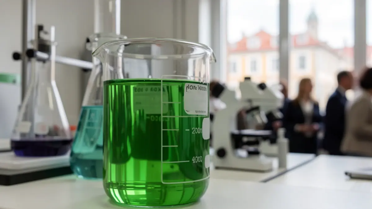 Generic image of a laboratory beaker with green liquid, with blurred scientific equipment in the background and a hint of a Portuguese urban landscape.